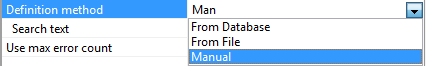 Screenshot of a drop-down list parameter in the Properties pane, where the Definition method value is chosen from a list of From Database, From File, and Manual options.