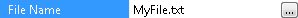 Screenshot of a file parameter in the Properties pane, where the File Name value MyFile.txt is set and an ellipsis button opens a dialog for selecting a file.