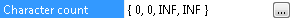Screenshot of a fuzzy interval parameter in the Properties pane, where the Character count value holds the interval { 0, 0, INF, INF } and an ellipsis button opens its editor.
