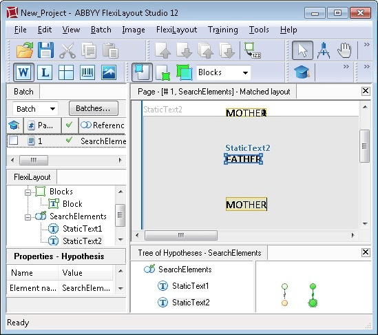 Diagram of FlexiLayout matching results: the word mother appears twice, above and below the word father, with one OCR error in the upper mother, illustrating the StaticText1 and StaticText2 hypotheses.