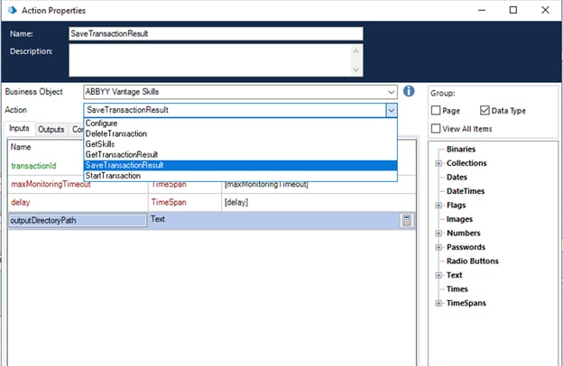 Action Properties window with the Action set to SaveTransactionResult and the outputDirectoryPath input parameter