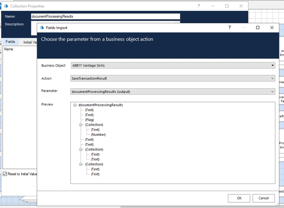 Fields Import window importing the documentProcessingResults (output) parameter of the SaveTransactionResult action