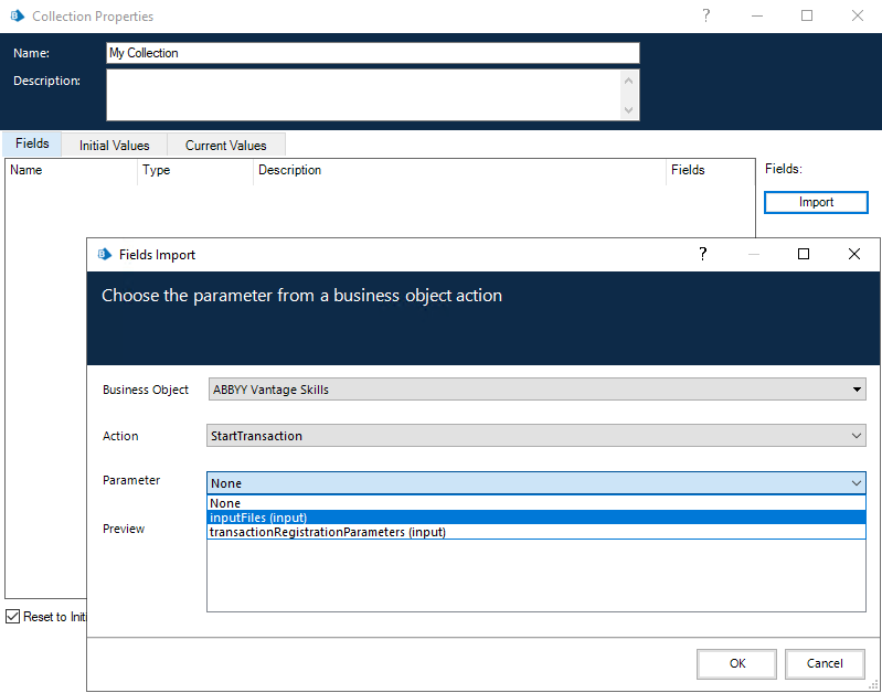 Fields Import window with the inputFiles (input) parameter selected for the StartTransaction action