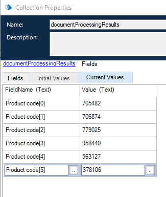 Collection Properties Current Values tab showing repeating Product code fields with index postfixes