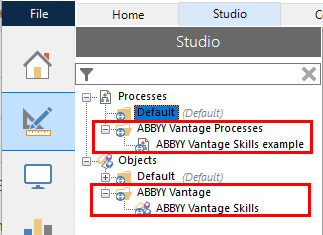 Blue Prism Studio tab with the ABBYY Vantage Processes section (ABBYY Vantage Skills example) and the ABBYY Vantage object (ABBYY Vantage Skills VBO) highlighted