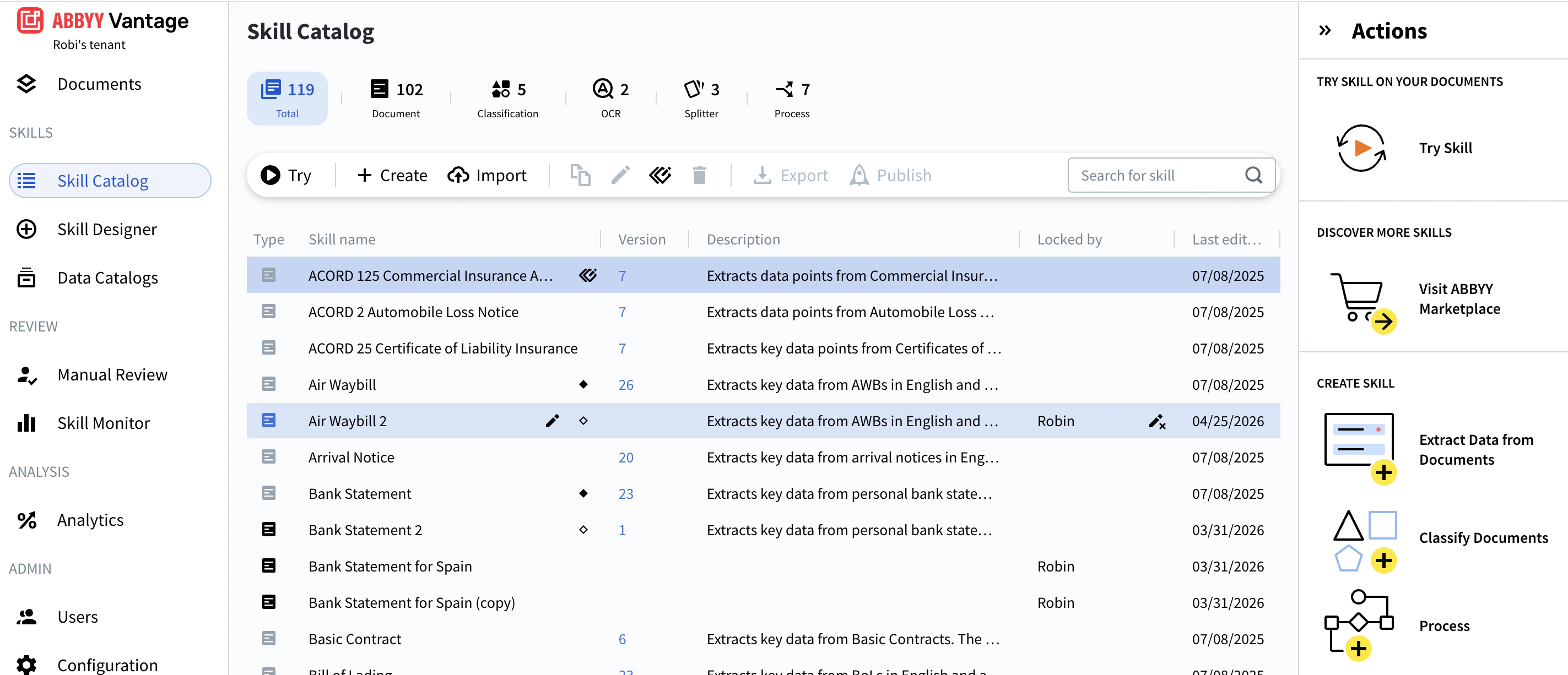 Skill Catalog toolbar with skill-type filter tabs (Total, Document, Classification, OCR, Splitter, Process) and skill counts