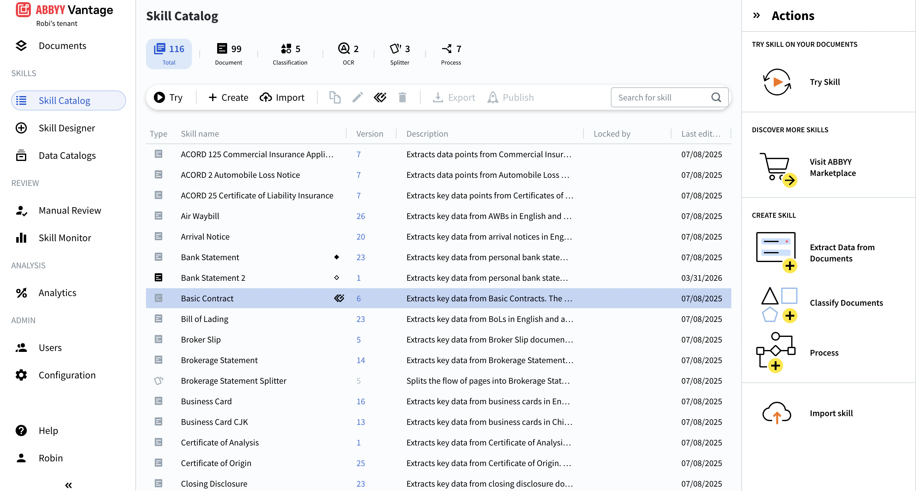 Skill-Catalog-Seite mit Filter-Tabs für Skill-Typen, der Symbolleiste, der Skill-Liste und dem seitlichen Bereich Aktionen