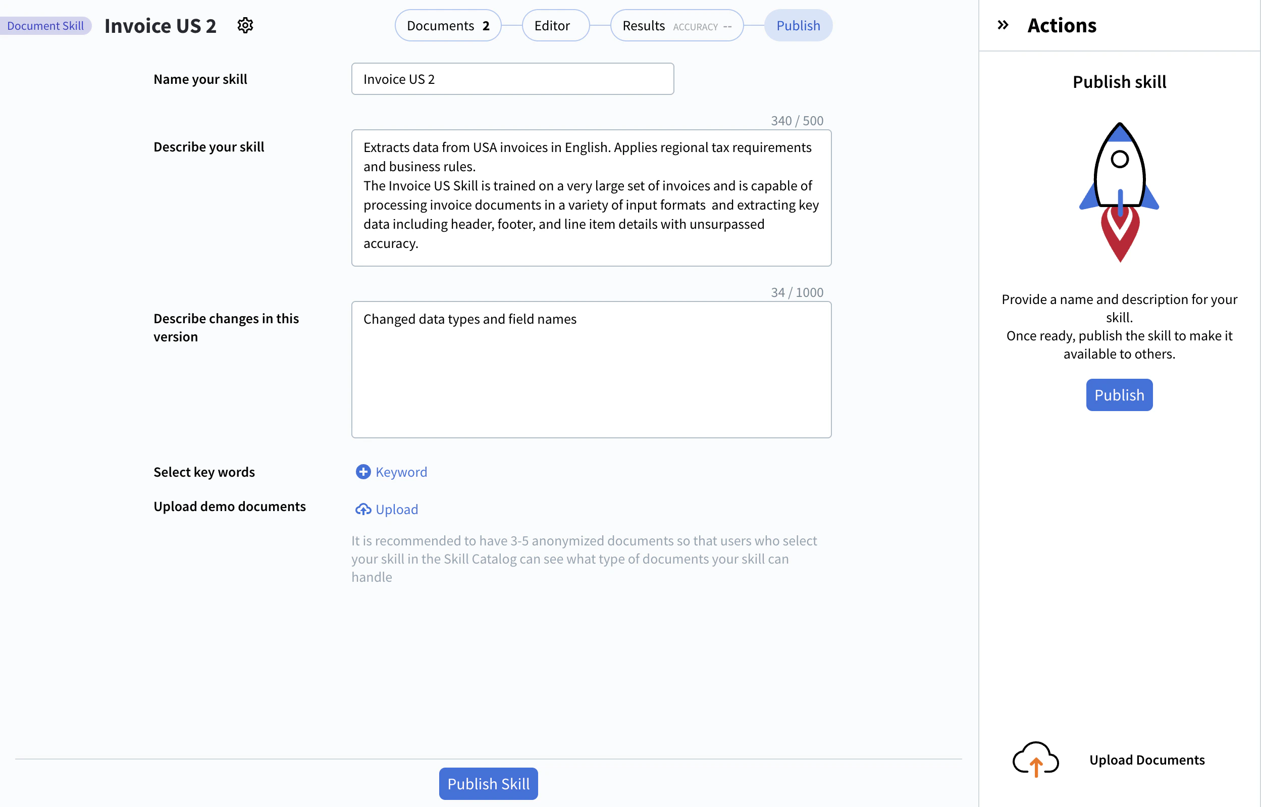 Scheda Publish in Skill Designer che mostra i field Name your skill, Describe your skill, Describe changes in this version, Select keywords e Upload demo documents, con il pulsante Publish Skill