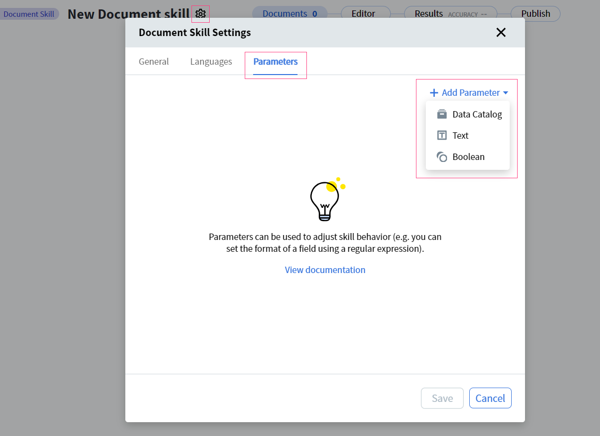 Criando parâmetros da Skill de Documento