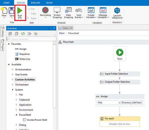Screenshot of the workflow open in UiPath Studio, showing the flowchart with Input Folder Selection, Output Folder Selection, an Assign that loads files from the directory, and a For each loop, with the Run button highlighted on the Design ribbon.