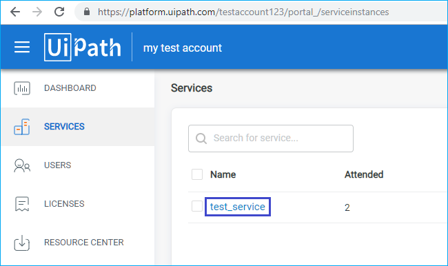 Screenshot of the Services tab in a UiPath Cloud Platform account, listing the available services whose name is used as the Repository option value.