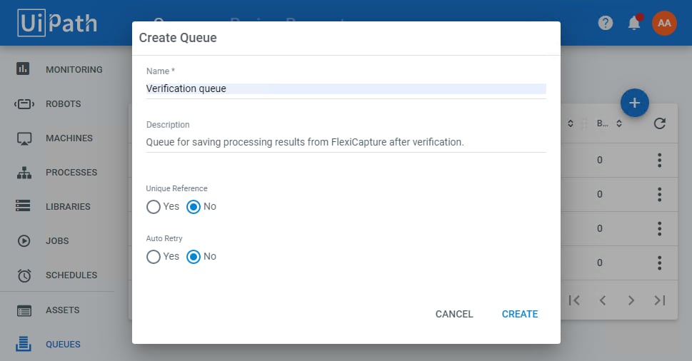 Screenshot of the queue creation dialog box in UiPath Orchestrator, where the queue name entered here must match the DmsMetadataTemplate.Name value in the export settings.