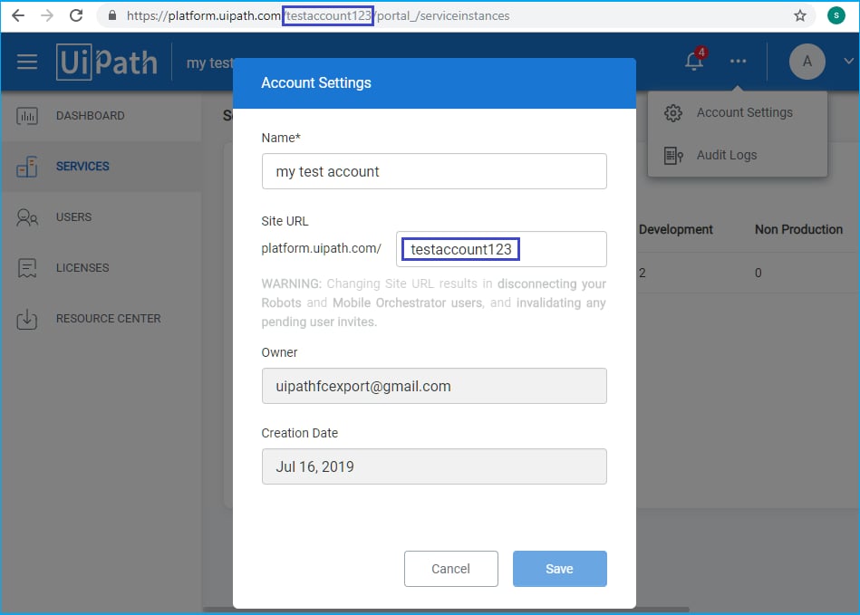Screenshot of the Account Settings page in UiPath Orchestrator, showing the Orchestrator site URL whose editable part is the account logical name.