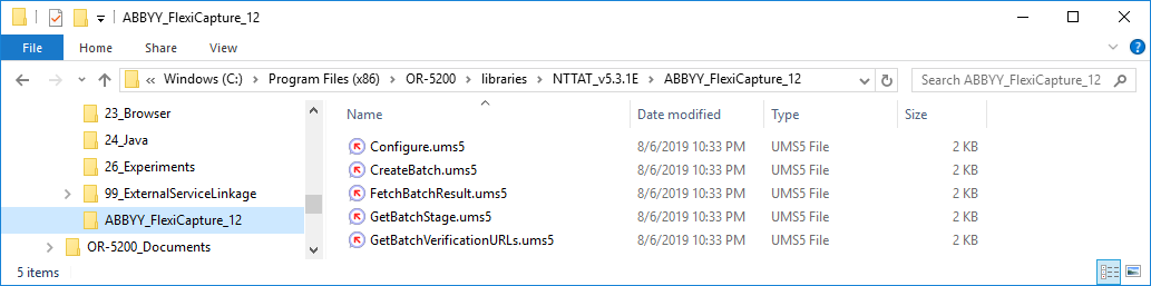 Screenshot of a Windows File Explorer window showing the five UMS5 library files copied into the ABBYY_FlexiCapture_12 folder.