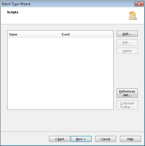 ABBYY FlexiCapture Scanning Station のバッチタイプのプロパティ ダイアログにある Scripts タブのスクリーンショット。