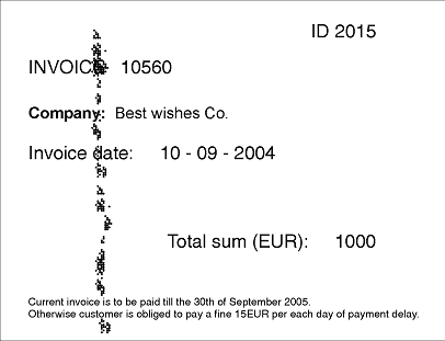 Screenshot of the sample invoice image used in the GroupSample.fsp project, showing the invoice number, invoice date, and invoice sum fields to be detected.