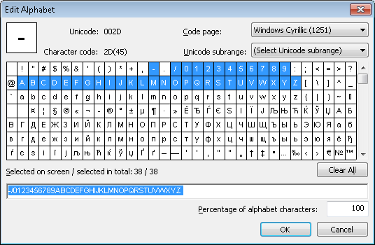 Screenshot of the Edit Alphabet dialog box in ABBYY FlexiLayout Studio listing all valid characters for the NumAsAlphabet element.