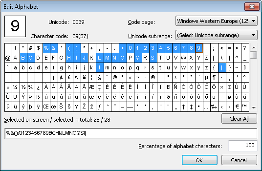 数字と、Character String 要素のアルファベットに誤認識文字が追加された Edit Alphabet ウィンドウのスクリーンショット