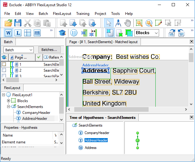 Exclude.fsp Project に対する ABBYY FlexiLayout Studio の FlexiLayout matching results のスクリーンショット。ページ 1、3、4 の検出された 住所 field に住所 field 名が誤って含まれていることを示しています。