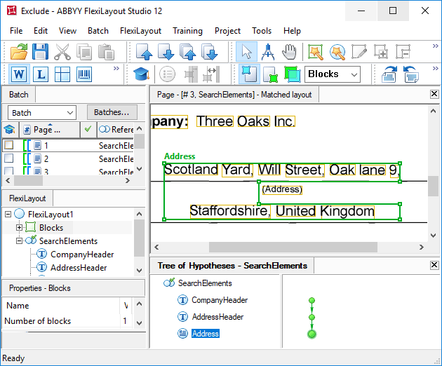 AddressHeader の Region を除外した後の ABBYY FlexiLayout Studio での FlexiLayout マッチング結果のスクリーンショット。field 名が切り取られているため、住所ブロックが非矩形になっていることを示しています。