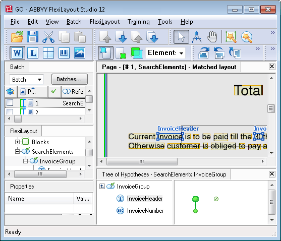 Screenshot of the tree of hypotheses in ABBYY FlexiLayout Studio for the GO.fsp project, showing the InvoiceGroup with only one complete chain of quality 1 that does not correspond to the name being detected.