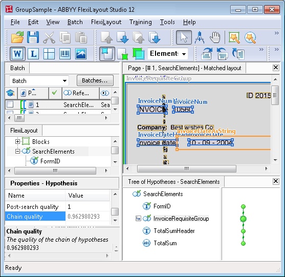 Screenshot of the tree of hypotheses in ABBYY FlexiLayout Studio for the GroupSample.fsp project, showing a single chain whose quality coincides with the quality of the best chain in the InvoiceRequisiteGroup Group element.