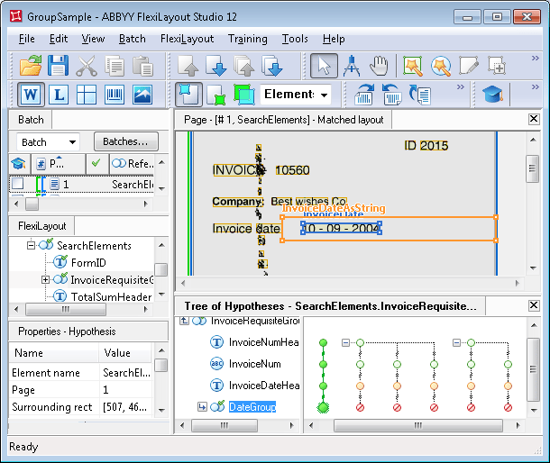 Screenshot of the InvoiceRequisiteGroup Properties dialog box in ABBYY FlexiLayout Studio, showing the chains of hypotheses generated for the group subelements and their compared quality values used to select the best chain.