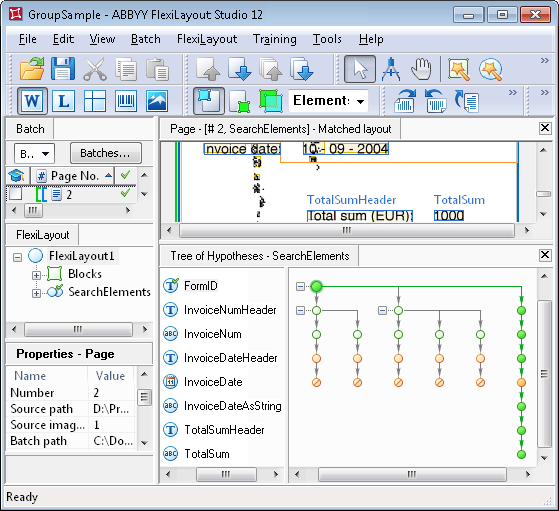 Screenshot of the tree of hypotheses in ABBYY FlexiLayout Studio for the ungrouped GroupSample.fsp project, showing how the tree branches out into many chains after the FormID element, making visual analysis difficult.