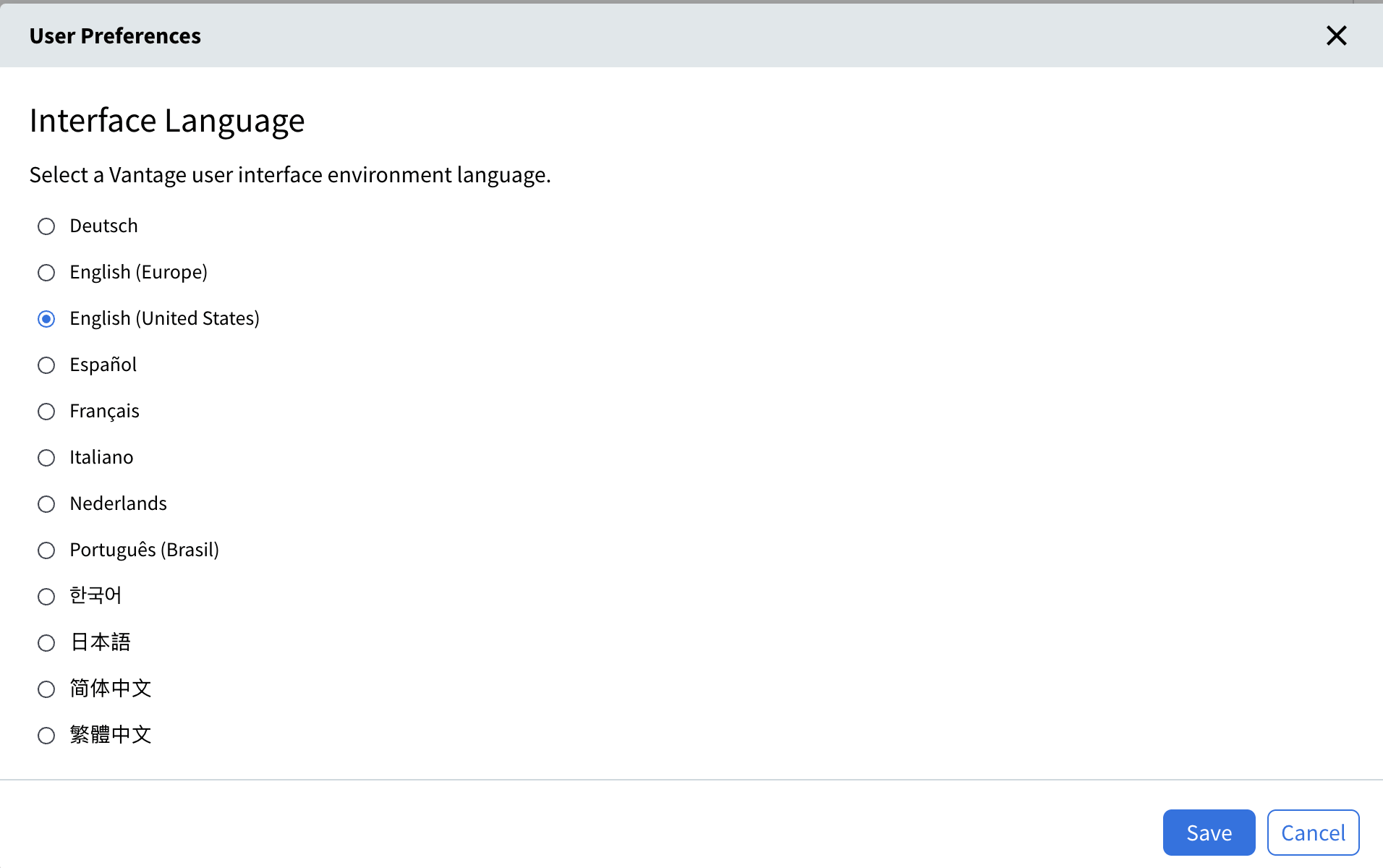 User Preferences dialog showing the Interface Language list of 12 languages
