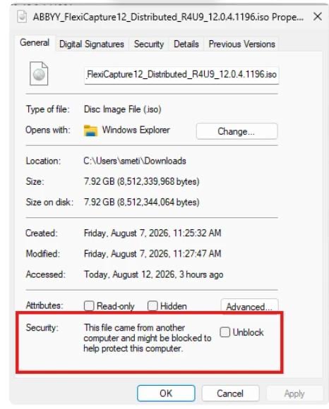 Screenshot of the Windows file Properties dialog box for the FlexiCapture Distributed ISO, with the Security section and the Unblock checkbox highlighted on the General tab.