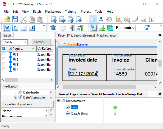ABBYY FlexiLayout Studio のスクリーンショット。標準の Relations 制約により、日付フィールドの search area が広くなりすぎ、Invoice date field と誤認される可能性のある他の field まで含まれてしまう様子を示しています。