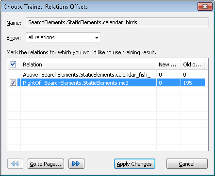 Choose Trained Relations Offsets ダイアログのスクリーンショット。学習済みのリレーションとその新旧のオフセット値が一覧表示され、Show ドロップダウンリストは all relations に設定され、Go to Page、Apply Changes、Cancel の各ボタンがあります。
