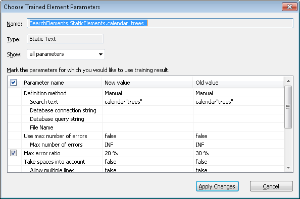 Choose Trained Element Parameters ダイアログのスクリーンショット。学習対象の要素のパラメーターと新旧の値、パラメーターを選択するためのチェックボックス、Show ドロップダウン、Apply Changes ボタンが表示されています。
