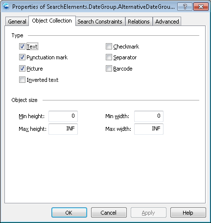ABBYY FlexiLayout Studio における事前認識の生オブジェクトのスクリーンショット。日付フィールドの検索領域に text、picture、punctuation mark のオブジェクトが含まれていることを示しています。