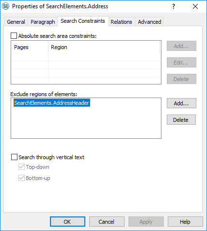 Properties of SearchElements.Address ダイアログの Search Constraints タブのスクリーンショット。Exclude regions of elements のリストに SearchElements.AddressHeader が表示されています。