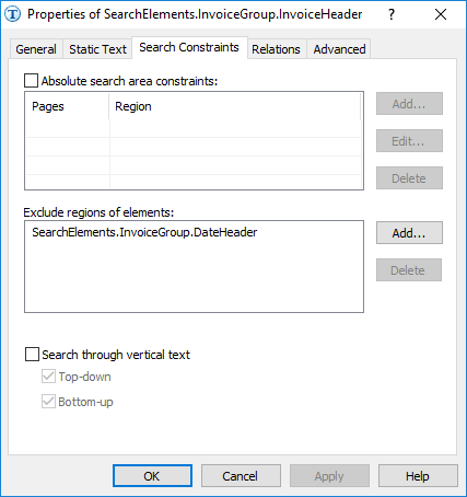 ページ上端に最も近い Invoice field 名要素を検索する NearestY: PageRect.Top コードを示した、ABBYY FlexiLayout Studio の Advanced pre-search relations セクションのスクリーンショット。