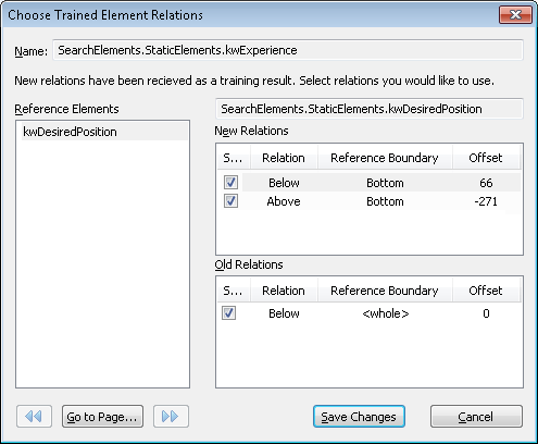 Screenshot of the Choose Trained Element Relations dialog box, showing the Reference elements list alongside the New Relations and Old Relations lists with their relation types, reference boundaries, and offset values.