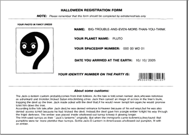 Screenshot of the sample Halloween registration form used in FlexiLayout Studio Sample 1, showing the name, planet name, spaceship number, arrival date, identity number, and photo fields.