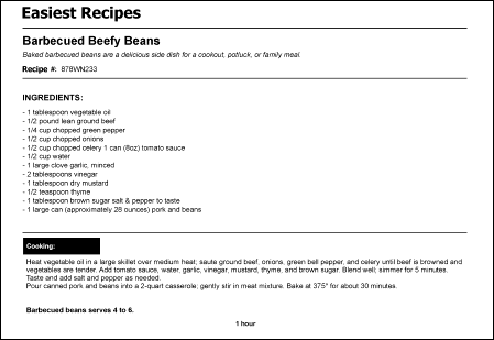 Screenshot of the sample recipe document in ABBYY FlexiLayout Studio, showing the Recipe Name, Recipe #, Ingredients, Cooking Time, and Cooking Description fields to detect.