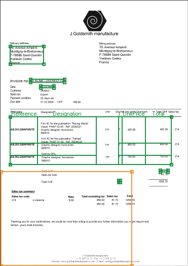 Captura de pantalla de la factura de ejemplo con los campos objetivo de captura marcados, incluidos Número de factura, Fecha de la factura, Dirección de entrega, Total Quantity, Total Amount, País y las columnas de Invoice Table, en ABBYY FlexiLayout Studio.