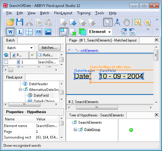 SearchOfDate.fsp Project の AlternativeDateGroup 要素から Date ブロックの出力 region を定義する FlexiLayout language コードを示した、ABBYY FlexiLayout Studio の Expression セクションのスクリーンショット。