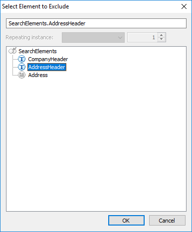 SearchElements ツリーで AddressHeader 要素が選択されている、除外する要素を選択するダイアログのスクリーンショット。