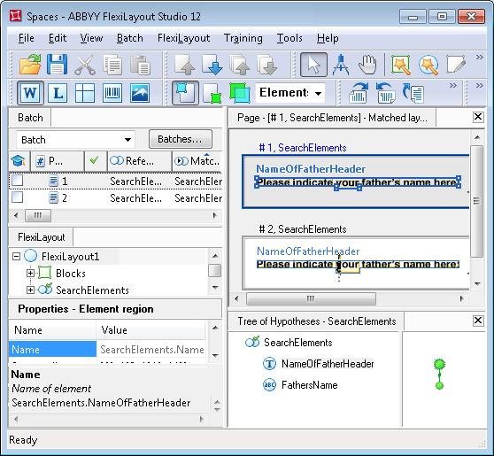 Spaces.fsp Project について、ABBYY FlexiLayout Studio での FlexiLayout マッチング結果を示すスクリーンショット。両方のページで NameOfFatherHeader Static Text 要素が検出され、ノイズのあるページ 2 ではチェーンの品質が減点されています。