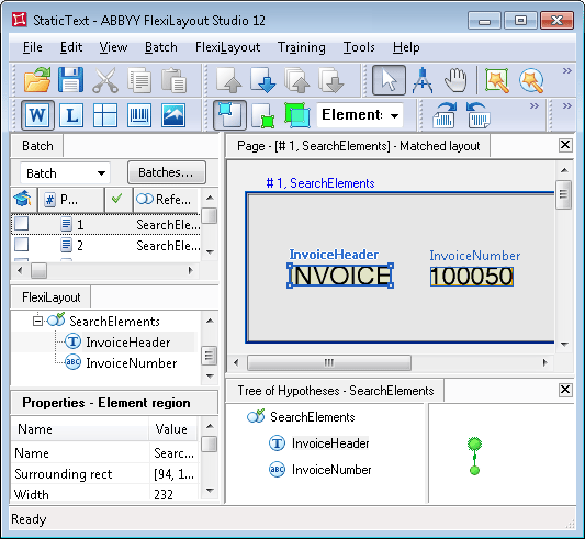 Screenshot of the FlexiLayout matching results in ABBYY FlexiLayout Studio after removing all but the first Static Text value, showing that the field name and invoice number are detected correctly only on the page whose name fully matches the value Invoice.