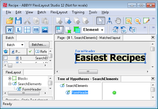 Screenshot of the ABBYY FlexiLayout Studio editor showing a matched recipe document with the FormHeader element drawn around the Easiest Recipes heading and the FormHeader hypothesis selected in the Tree of Hypotheses.