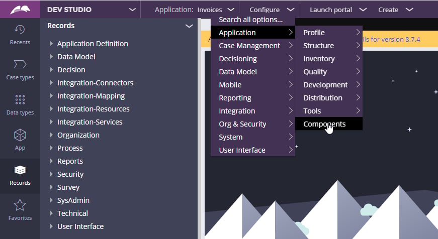 Configure > Application > Components 配下の Pega Components ページ