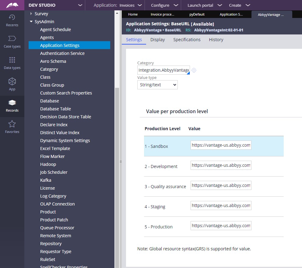 ABBYY Vantage server address specified for each production level