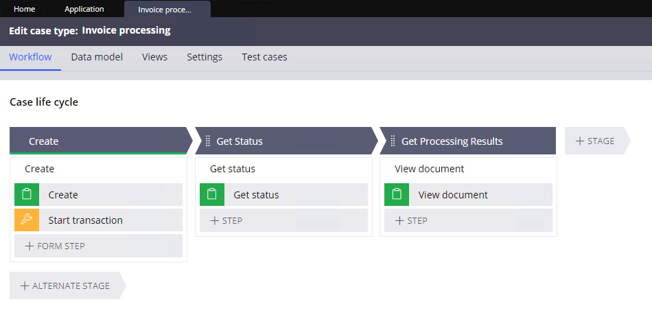 Create、Get Status、Get Processing Results の各ステージを含む完成したケースタイプのワークフロー
