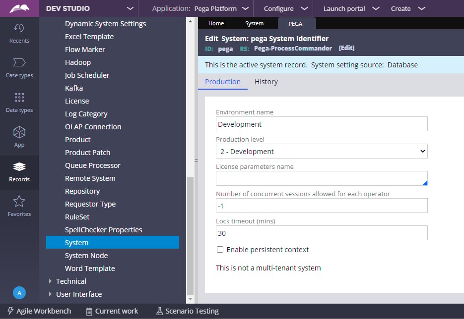 Pega System settings showing the production level