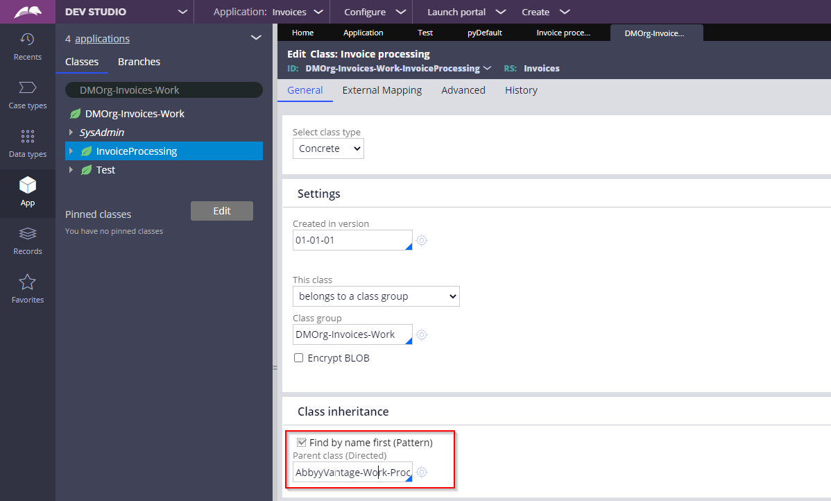 Class inheritance セクションが AbbyyVantage-Work-ProcessDocuments に設定されている画面